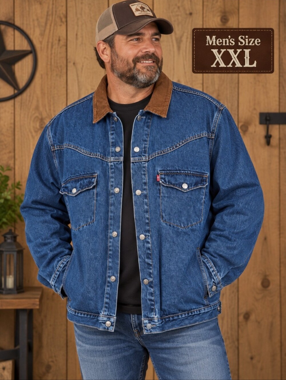 Levi's Men's Blue Denim Jacket with Brown Corduroy Collar - Classic Workwear
